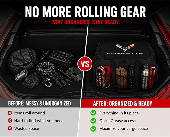 SR1 Performance USA C8 Corvette Trunk Organizer – Expandable Pop Up Collapsible Cargo Storage Caddy for 2020-2026 Chevrolet Corvette Stingray, Z06 & E-Ray – Black with Crossed Flags Logo