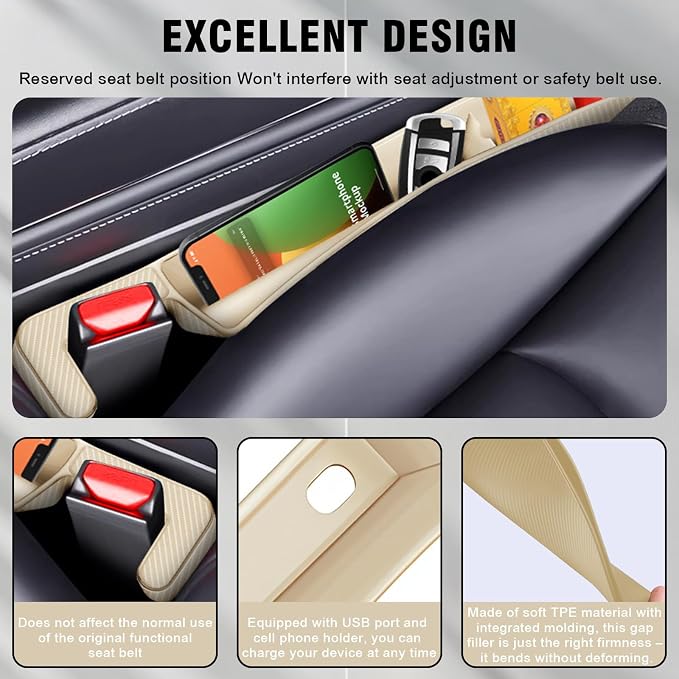 2PCS Car Seat Gap Filler, Automotive Seat Organizer Fill The Gap Between Seat and Console, Universal Car Storage Box Inserts Fill The Gap Between Seat &Console for Coins Wallets Keys (Beige)
