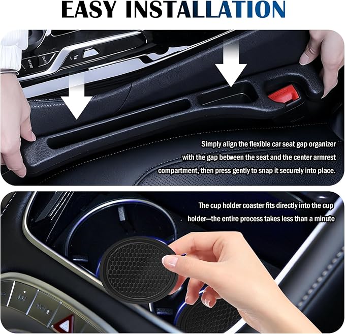 Upgraded Car Seat Gap Filler Organizer Set with Non-Slip Car Coasters,in Between Car Seat Catcher with Dual Slot,Flexible Seats Gap Filler Strip for Filling Gaps & Storing Items