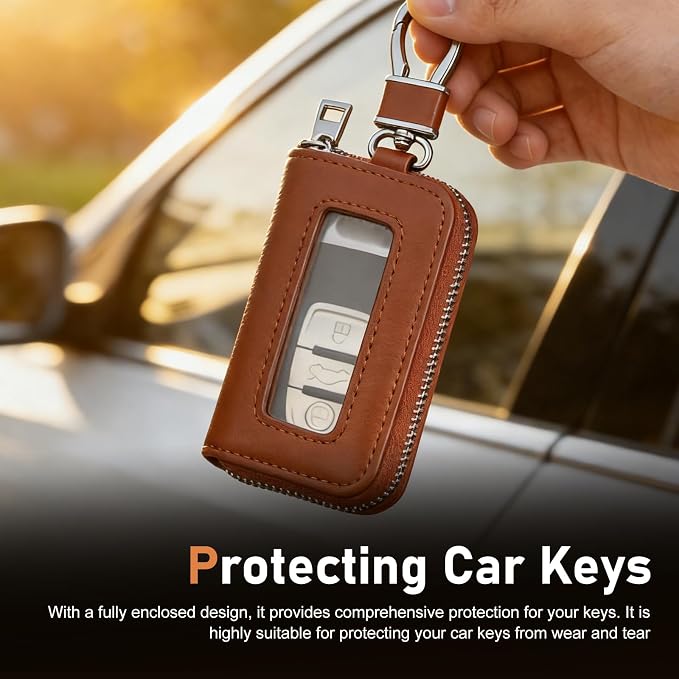 1PC Car Key Fob Case, Leather Car Key Holder for Purse, Automotive Smart Key fob Holder with Hook, for Remote Key Fob