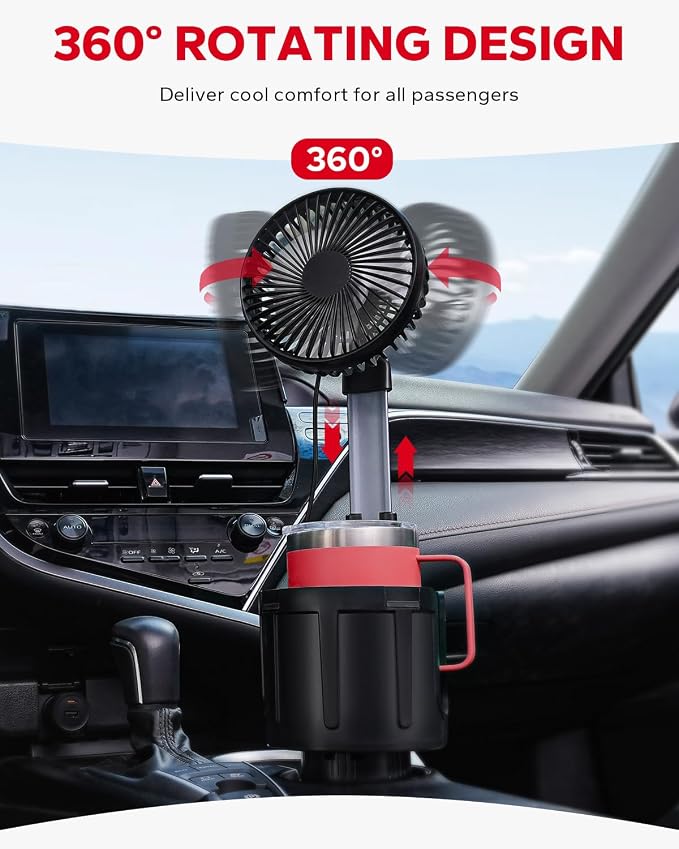 Amazicha 3-Speed Car Fan Cup Holder-2 in 1 360° Rotation Cupholder Fan, Expandable Base, USB Car Fan Cup Holder for Car Vehicle Van RV Truck