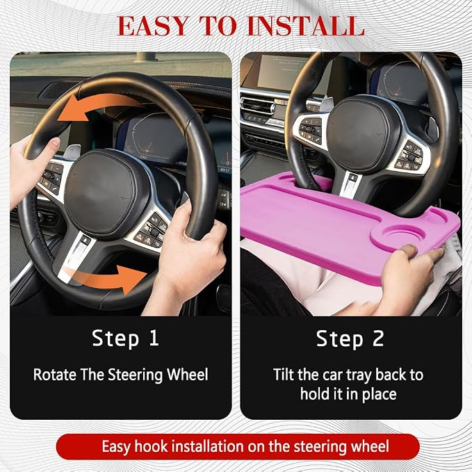 2 in 1 Car Steering Wheel Desk, Car Tray, Car Steering Wheel Desk Tray & Auto Seat Gap Filler Organizer, Multipurpose Travel Auto Steering Wheel Under Table Console for Most Vehicles (Pink)