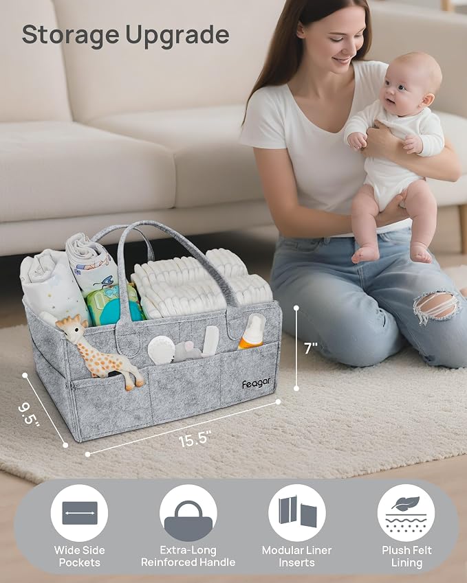 Feagar Baby Diaper Caddy Organizer with Handle, 15 Inch Large 2 Pack Set with 8 Pockets & 2 Dividers, Portable Nursery Storage Basket & Car Organizer for Changing Table, Travel (Grey)