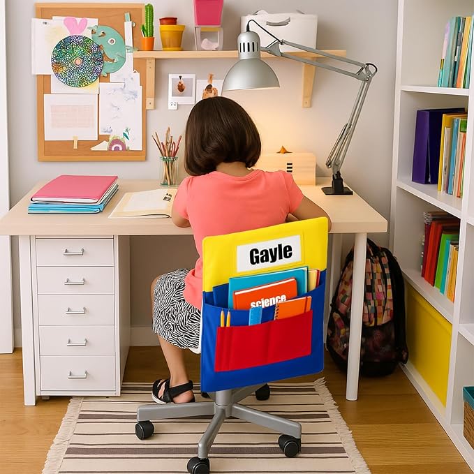 25 PCS Chair Pockets for Classroom Chairs, 15"W x 19"H Seat Sacks with 5 Pockets, Durable 600D Oxford Student Chair Bag Organizer with Name Tag Slot for K-5 Kindergarten School, Colorful