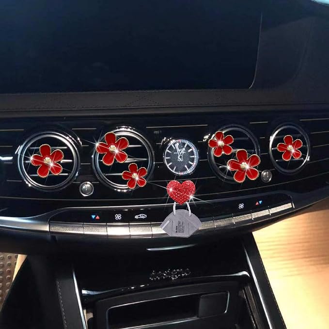 6 Pcs Red Cute Daisy Air Vent Clips, Flower Outlet Clip Car Air Fresheners with Mask Hook, for Car Interior Decoration Accessories Decor Charm Bling Car Accessories Decoration for Women