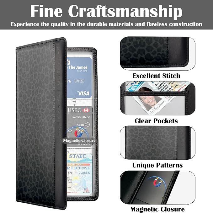 Car Registration and Insurance Holder with Magnetic Closure, Universal Document Organizer for License, Insurance Cards & Glove Box Storage (Leopard-Black)