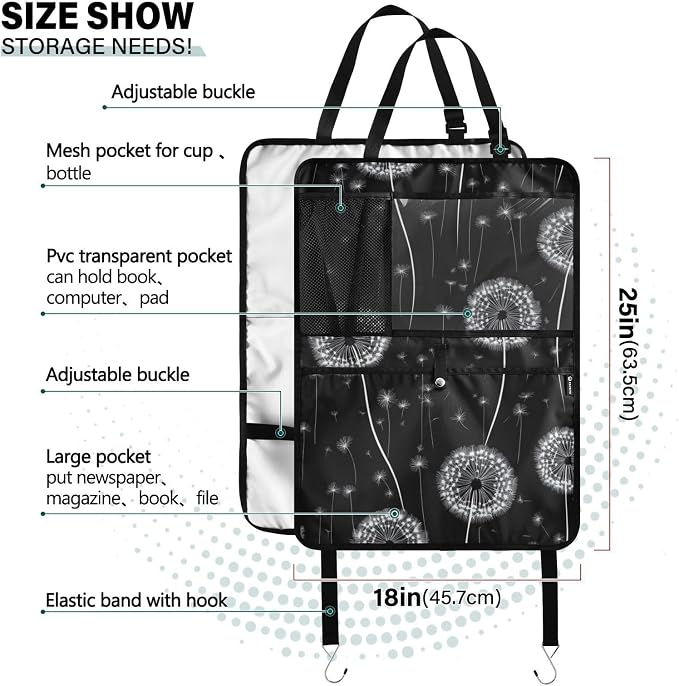 Black Dandelion 2 Pack Backseat Car Organizer with Storage Pockets Seat Back Organizers for Kids Kick Mats Backseat Protector Automotive