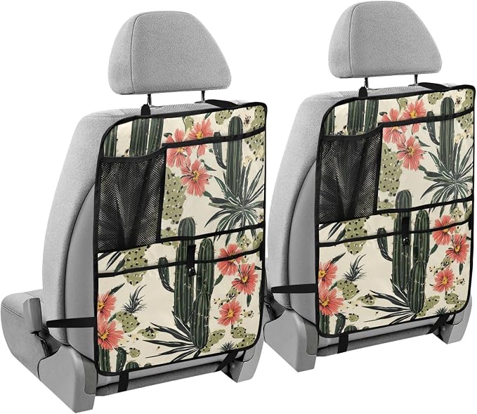 Retro Cactus Polynesia Flower 2 Pack Backseat Car Organizer with Storage Pockets Seat Back Organizers for Kids Kick Mats Backseat Protector Automotive