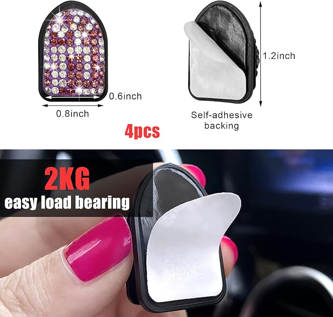 Yourkar 4PCS Bling Car Mini Hooks, Multifunctional Adhesive Small Auto Storage Hook for Key Cable Mask, Crystal Rhinestone Dashboard Hanging Hook, Interior Decor Car Accessories (Purple)
