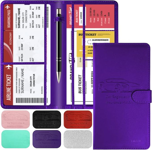 Car Registration and Insurance Card Holder with Magnetic Closure, Leather Vehicle Glove Box Automobile Documents Paperwork Wallet Case Organizer for ID, Driver's License, Key Contact Information Cards