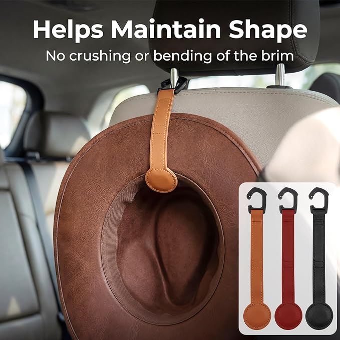 Magnetic Hat Clip Set for Travel, 3 Pcs Leather Hat Holder with Headrest Hook, Cowboy Cap Organizer for Truck SUV Travel, Multi-Purpose Storage Clips, Black Brown Burgundy