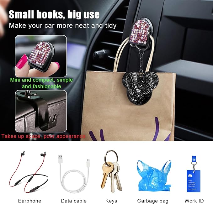 Yourkar 4PCS Bling Car Mini Hooks, Multifunctional Adhesive Small Auto Storage Hook for Key Cable Mask, Crystal Rhinestone Dashboard Hanging Hook, Interior Decor Car Accessories (Purple)
