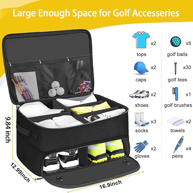 2 Layer Golf Trunk Organizer, Golf Gifts for Men, Car Organizers and Storage with Separate Ventilated Compartment for 2 Pair Shoes, Waterproof Car Organization Bag, Gifts for Golfers