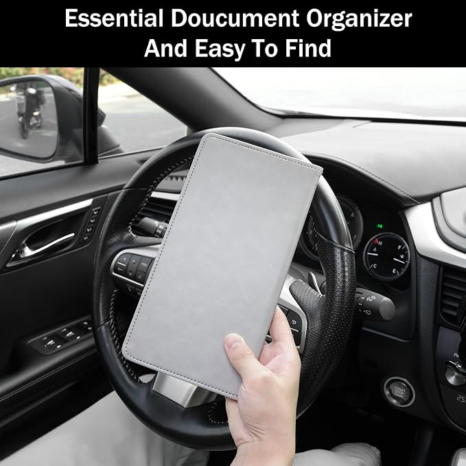 UYYE Auto Car Registration and Insurance Documents Holder - PU Leather Vehicle Glove Box Documents Organizer Wallet, Car Interior Accessories Case Holder for Essential Automobile Documents（Grey）