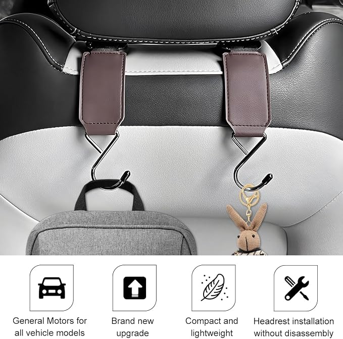 HZEL Car Seat Headrest Hook, 2PCS Multifunctional Vehicle Seat Back Hanger Holder for Purse Bags Coat, Automotive Interior Organizer Storage Hook, Universal for Automobile RV Truck (Brown)