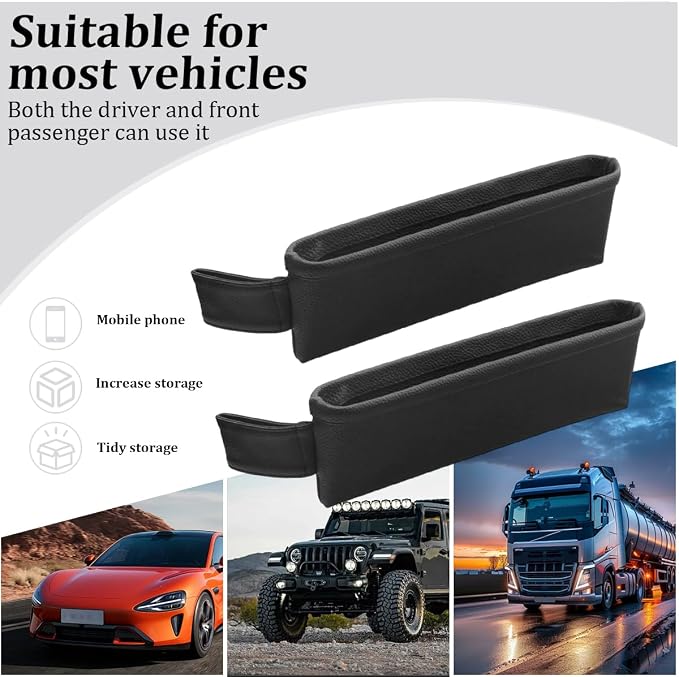 2PCS Car Seat Gap Filler Organizer, Leather Seat Gap Catcher Holder Pocket for Phones Keys Glasses, Auto Center Console Side Crevice Stopper Storage Box, Universal for Vehicles (Black)