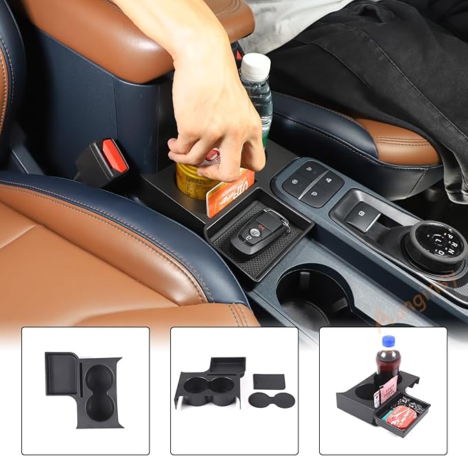 Aunginsy Center Console Cup Holder Compatible with Ford Maverick 2022-2025 2026, Front Seat Armrest Box Dual Cup Holders Insert Expander Organizer Tray Drink Water Bottle Holder with Mat Accessories
