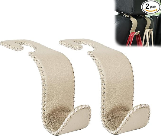 Amooca Car Seat Headrest Hook Universal Vehicle Storage Hanger Leather with Metal Car Seat Back Organizer for Handbag Purse Coat Beige 2 Pack
