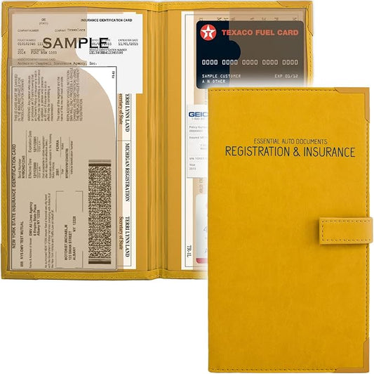Auto Insurance and Registration Card Holder - Vehicle Glove Box Document Organizer - Car Essential Paperwork Holder for DMV, AAA, Contact Information Cards - Premium PU Leather Wallet Case - Yellow
