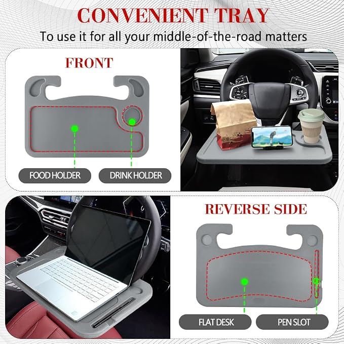 2 in 1 Car Steering Wheel Desk, Car Tray, Car Steering Wheel Desk Tray & Auto Seat Gap Filler Organizer, Multipurpose Travel Auto Steering Wheel Under Table Console for Most Vehicles (Grey)