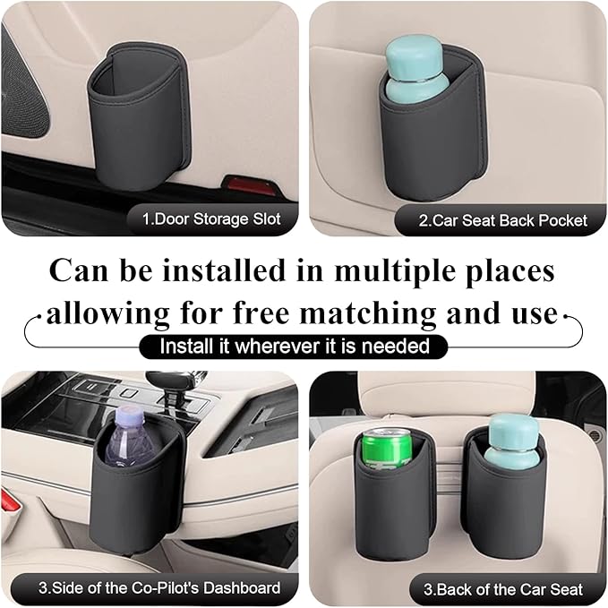 Car Cup Holder, Waterproof Leather Car Door Cup Holder, Clip-On Back Seat Storage Bag & Trash Can, Universal Hanging Drink & Phone Organizer Pocket for Most Cars (Black)