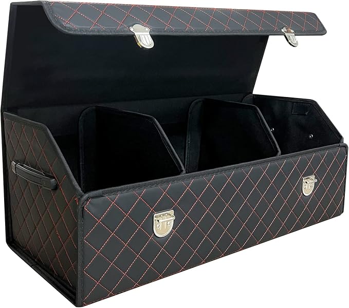Car Trunk Organizer with Lid,Foldable Faux Leather Cargo Storage Box,3 Compartments,Collapsible Multi-Functional for SUV,Sedan,Vehicle Trunk