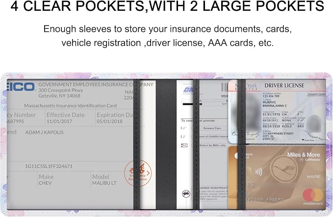 LumiMokki Car Registration and Insurance Holder, Leather Registration and Insurance Card Holder, Vehicle Glove Box Organizer - For Documents, Cards, License (Floral B)