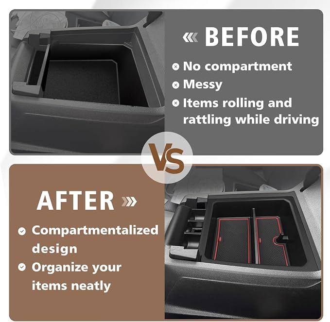 Muslogy Center Console Organizer Compatible with 2023-2025 2026 Chevy Colorado/GMC Canyon Accessories, Interior Storage Box Coin Container Armrest Secondary Tray Non-Slip Mat Fit with OEM Tray (Red)