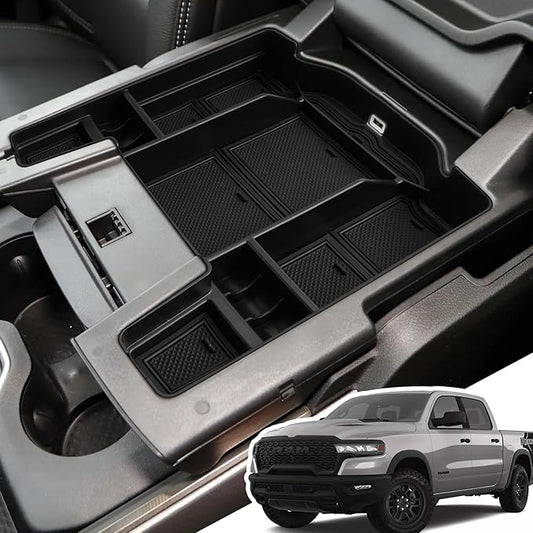 Center Console Organizer for 5th Gen 2025 2024-2019 Ram 1500 2500 3500(Full Console w/Bucket Seats Only), ABS Storage Box, Middle Console Tray Organizer, Insert Container Pallet-Black