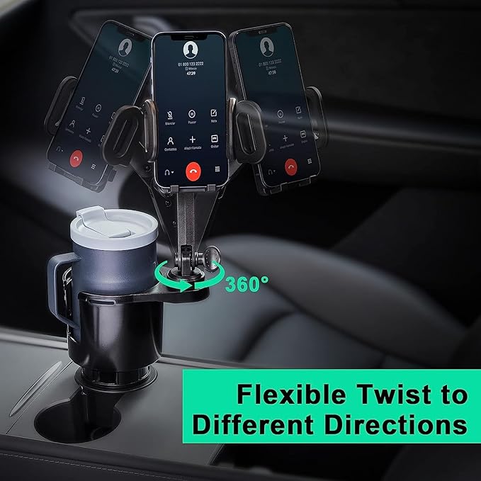 This Hill Car Cup Holder Expander 2-in-1 with Adjustable Base & 360° Rotating Phone Mount, Compatible with iPhone 17 Pro Max and Smartphones up to 4.13", Fits Large Bottles up to 3.78"