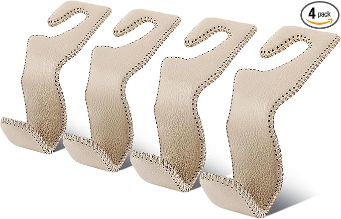 EldHus Car Seat Hooks for Purses and Bags, 4 Pack Car Purse Holder for Grocery Bag Handbag Clothes, Metal Headrest Hooks Covered by Leather, Beige