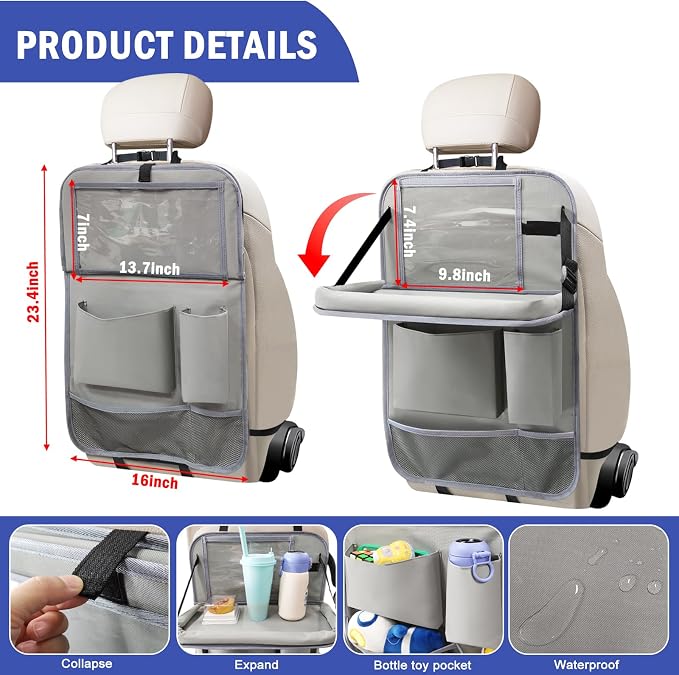 Car Backseat Organizer with Tablet Holder,6 Storage Pockets Car Storage Organizer with Foldable Food Tray,Kick Mats Backseat Protector Travel Accessories (Grey)