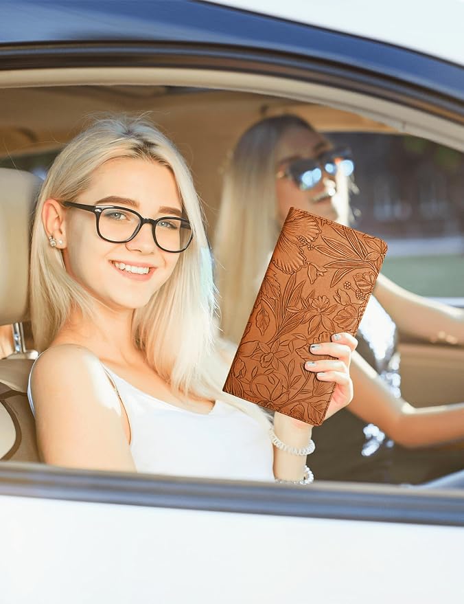 Mymazn Car Registration and Insurance Holder, PU Leather Glove Box Car Organizer with Magnetic Closure, Car Document Holder for Driver's License & Essential Documents (Floral Brown)