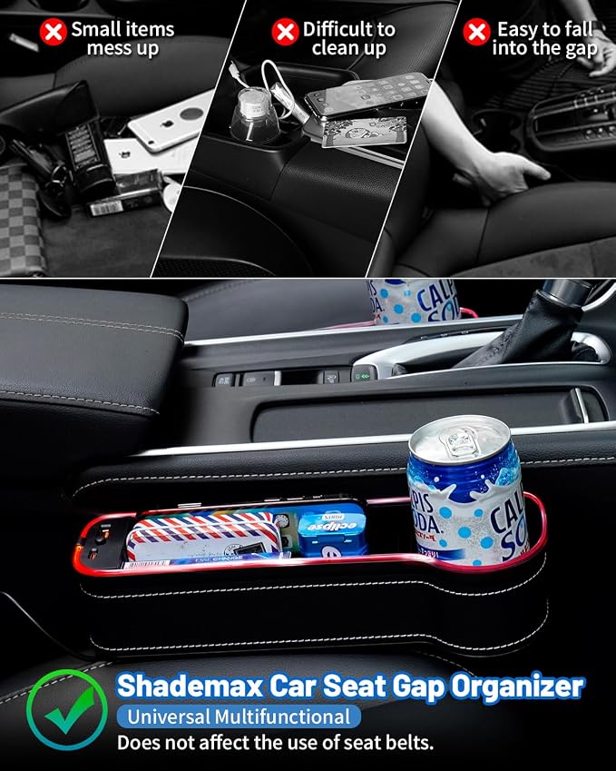 Shademax LED Car Seat Gap Filler Organizer Console Side Storage Box Between Seats with Cup Holders RGB Color Changing Storage Front Seat Gap Filler with USB Charging Car Interior Accessories (2 Pack)