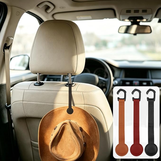 Magnetic Hat Clip Set for Travel, 3 Pcs Leather Hat Holder with Headrest Hook, Cowboy Cap Organizer for Truck SUV Travel, Multi-Purpose Storage Clips, Black Brown Burgundy