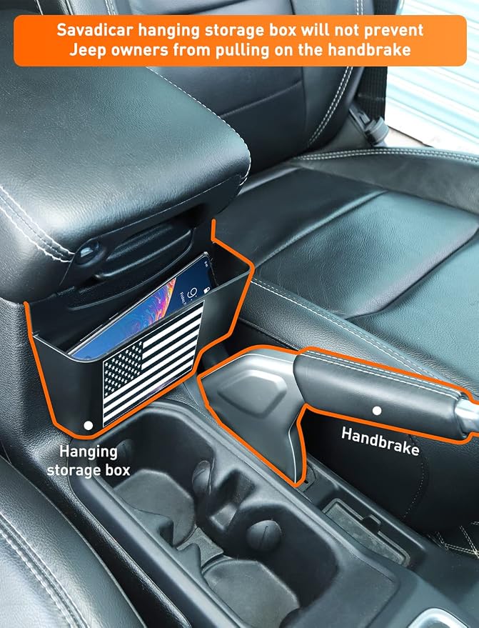 Savadicar Center Console Hanging Storage Organizer for 2018-2025 Jeep Wrangler JL JLU 4XE & Gladiator JT, Armrest ABS Tray With American Flag Patten, Interior Accessories, Black