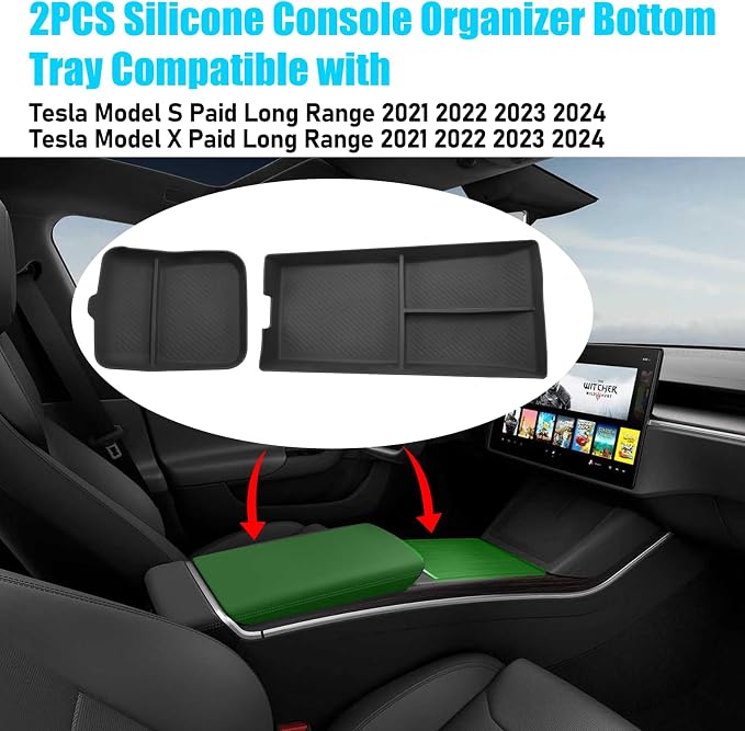 Jaronx Compatible with Tesla Model S/X Center Console Organizer 2021-2026, Silicone Console Organizer Armrest Storage Box Bottom Tray for Model S/X Accessories Plaid/Long Range(2PCS)