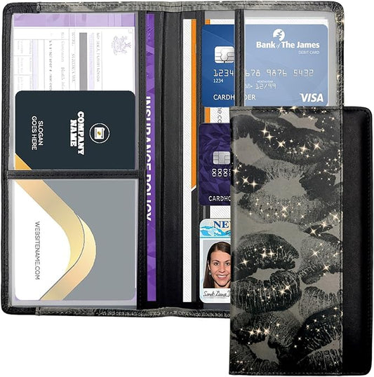 Car Registration and Insurance Holder with Magnetic Closure, Universal Document Organizer for License, Insurance Cards & Glove Box Storage (Lip print-Black)