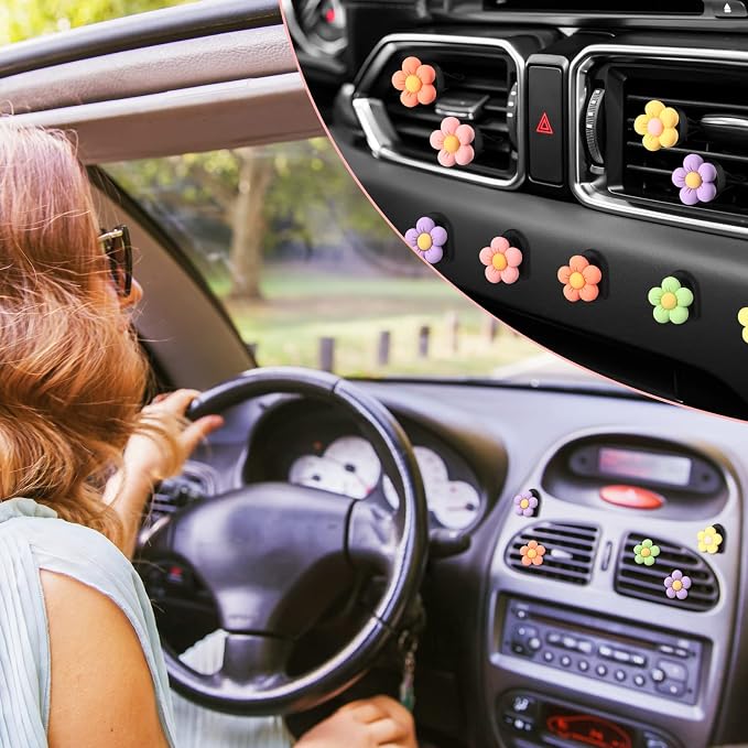 Tallew 12 Pcs Daisy Flower Car Accessories Vent Clip Cute Colorful Flower Car Accessories Air Conditioning Outlet Air Freshener Vent Clip Charm Interior Decor for Women