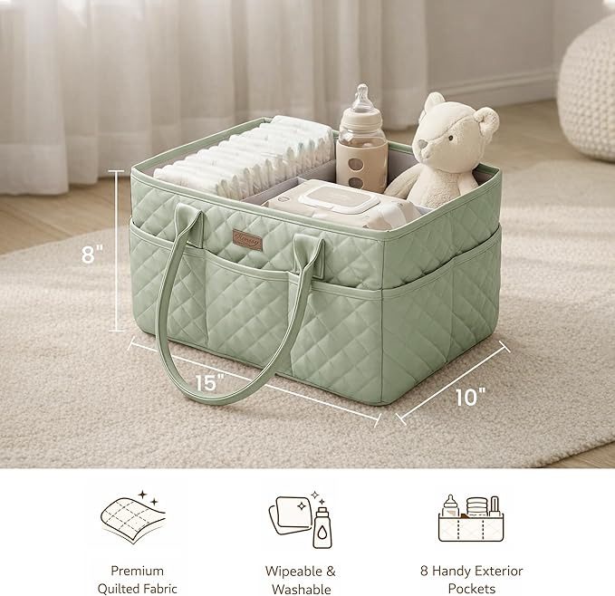 Konssy Quilted Diaper Caddy Organizer, Diaper Caddy Basket with Vegan Leather Handles, Water-Repellent Nursery Storage Basket, Portable Car Organizer, Registry Search Must Haves (Fog Green)