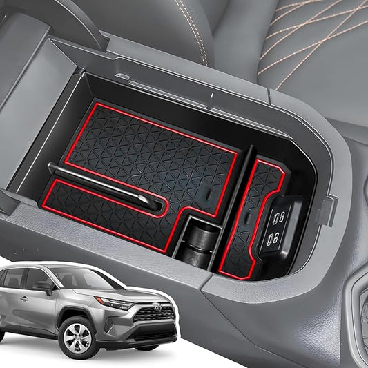 Armrest Organizer and Center Console Organizer for 2025-2020 Toyota RAV4, Center Console Organizer with Removable Rubber Mat, Center Console Tray Custom for Toyota RAV4 Accessories, Red