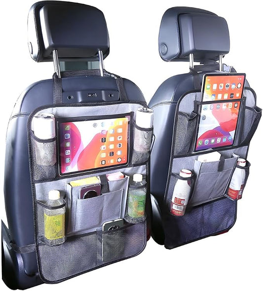 2PCS Car Seat Back Organizer, Waterproof Vehicle Storage Bag with Touch Screen Tablet Holder & 9 Pockets, Auto Kick Mats Back Seat Protector for Kids, Universal Travel Accessories (Gray/Small)