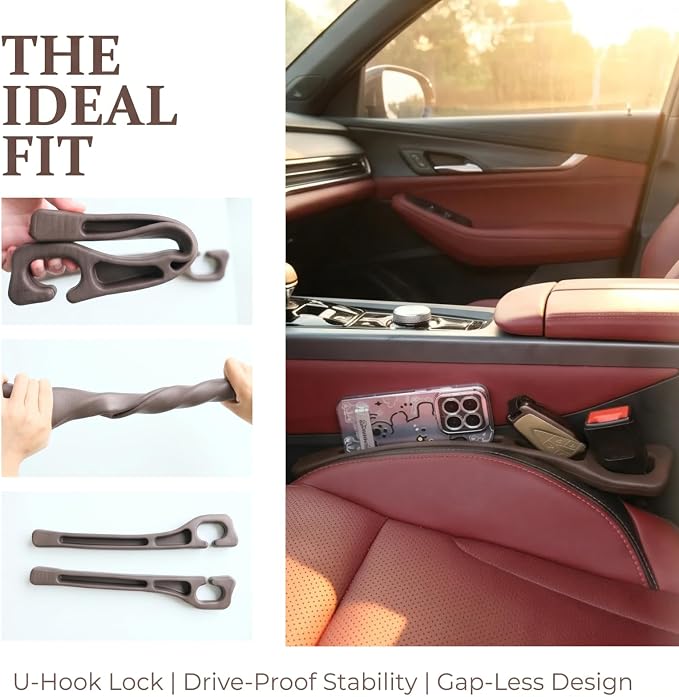 Car Seat Gap Filler 2-Pack, Universal Anti-Drop Organizer Strip with Storage Slot, Car Organizer Between Seat & Console for Cars, SUVs, Trucks (Brown)