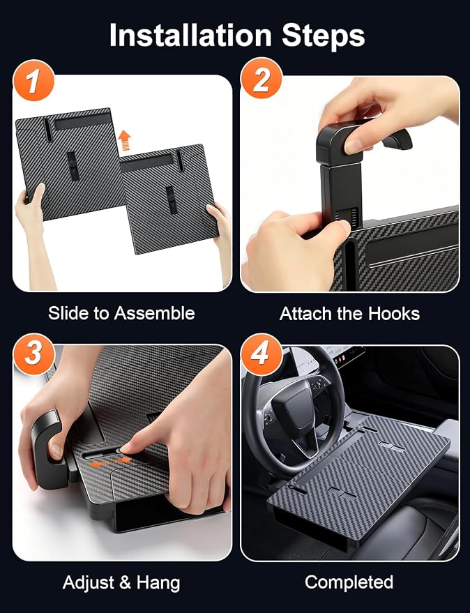 2-in-1 Car Steering Wheel Desk & Table Tray, Seat Gap Filler Organizer - Detachable Two-Piece Slide-Together Laptop & Eating Tray, Adjustable Supports & Hooks, Fits Most 3-Spoke Round Wheels