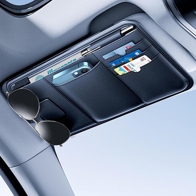 Car Visor Organizer, Premium Leather Sunglasses & Card Holder for Cars, Registration/Insurance Slot, Credit Card Pockets, Automotive Interior Organizer for Car Sun Visor (Black Leather)