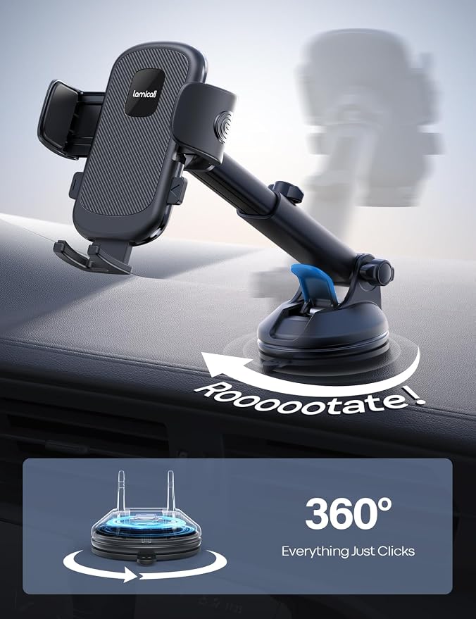 Lamicall Car Phone Holder - [Strongest Military-Grade Suction Cup] 360° Rotation Phone Holders for Your Car Quick Release Adjustable Phone Mount for Car Dashboard for iPhone 17 16 Pro Max Dark Grey