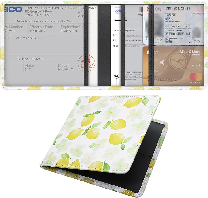 LumiMokki Car Registration and Insurance Holder, Leather Registration and Insurance Card Holder, Vehicle Glove Box Organizer - For Documents, Cards, License (Lemon)