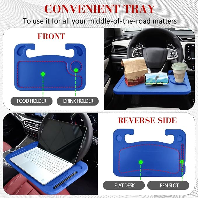 2 in 1 Car Steering Wheel Desk, Car Tray, Car Steering Wheel Desk Tray & Auto Seat Gap Filler Organizer, Multipurpose Travel Auto Steering Wheel Under Table Console for Most Vehicles (Blue)