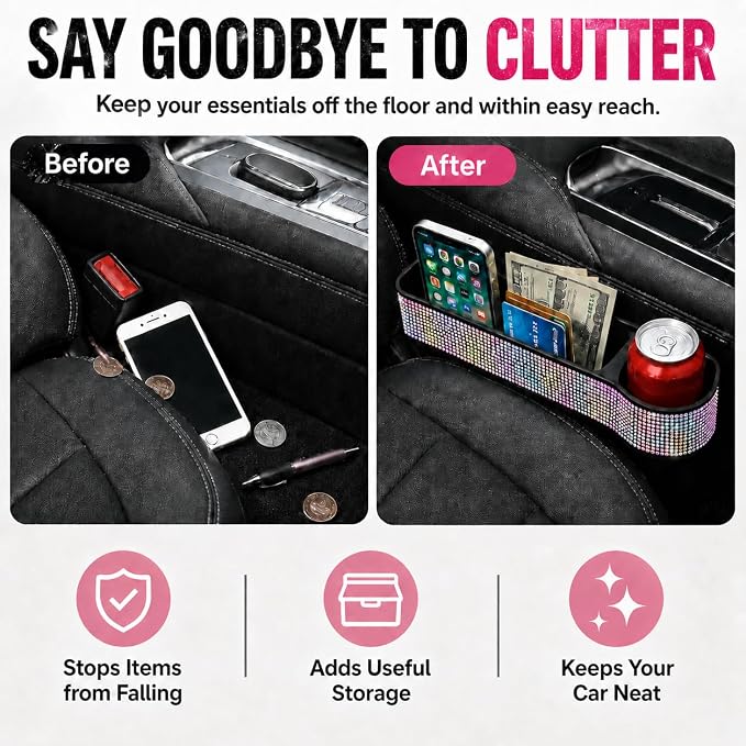 Bling Bling Car Seat Organizer Front Seat Gap Filler with Crystal Rhinestones Diamond, PU Leather Car Seat Console Storage Organizer for Car Accessories (Colorful)