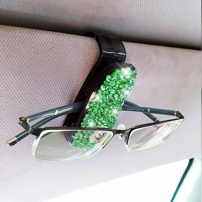 Moly Magnolia Bling Car Glasses Holder, 2PCS Handcrafted Crystal Rhinestones Fashion Car Sunglasses Mount with Card Clip for All Sun Visors, Auto Interior Accessories for Women Girl (Green)
